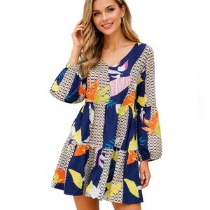 Women's L Colorful Leaf Print V-Neck Mini Dress / Tunic Top